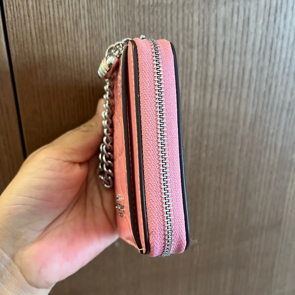 Coach Pink Signature Card Holder with Silver Chain and Heart Charm
